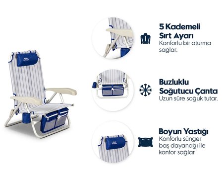 GENİŞ ALÜMİNYUM KATLANIR PLAJ SANDALYESİ – 100 kg Kapasiteli, Hafif ve Dayanıklı – 5 Kademeli Sırt Ayarı, Buzluk, Boyun Yastığı, Bardak Tutucu, Taşıma Omuz Askıları