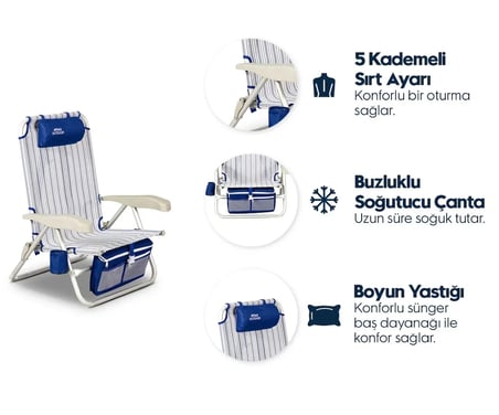 GENİŞ ALÜMİNYUM KATLANIR PLAJ SANDALYESİ – 100 kg Kapasiteli, Hafif ve Dayanıklı – 5 Kademeli Sırt Ayarı, Buzluk, Boyun Yastığı, Bardak Tutucu, Taşıma Omuz Askıları