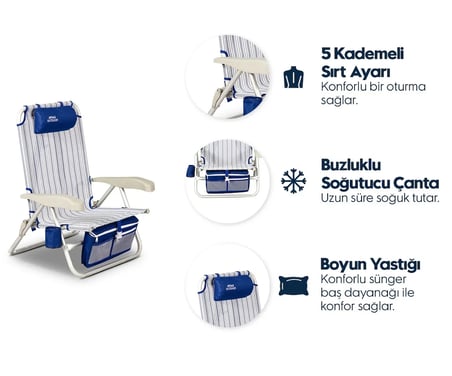 GENİŞ ALÜMİNYUM KATLANIR PLAJ SANDALYESİ – 100 kg Kapasiteli, Hafif ve Dayanıklı – 5 Kademeli Sırt Ayarı, Buzluk, Boyun Yastığı, Bardak Tutucu, Taşıma Omuz Askıları