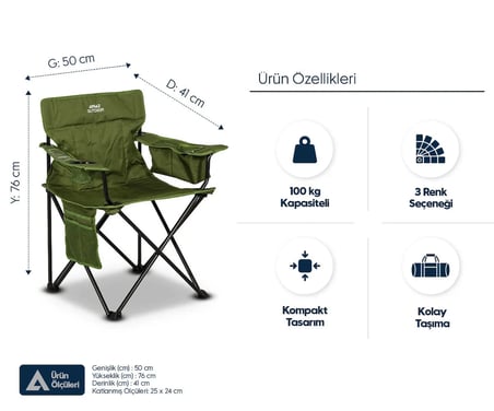 ÇELİK KATLANIR KAMP SANDALYESİ – Yeşil, 100 kg Kapasiteli, Kompakt ve Dayanıklı – Buzluk, Bardaklık, Telefon Bölmesi, Eşya Cebi, Elyaf Dolgusu Sırt Desteği, Taşıma Çantası