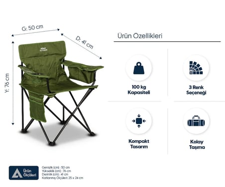 ÇELİK KATLANIR KAMP SANDALYESİ – Yeşil, 100 kg Kapasiteli, Kompakt ve Dayanıklı – Buzluk, Bardaklık, Telefon Bölmesi, Eşya Cebi, Elyaf Dolgusu Sırt Desteği, Taşıma Çantası