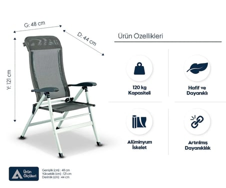 ALÜMİNYUM KAMP SANDALYESİ – 120 kg Kapasiteli, Hafif ve Dayanıklı – 7 Kademeli Sırt Ayarı, Nefes Alabilen Kumaş