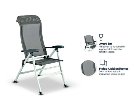 ALÜMİNYUM KAMP SANDALYESİ – 120 kg Kapasiteli, Hafif ve Dayanıklı – 7 Kademeli Sırt Ayarı, Nefes Alabilen Kumaş
