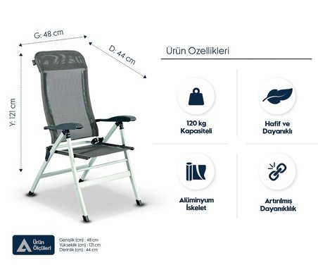 ALÜMİNYUM KAMP SANDALYESİ – 120 kg Kapasiteli, Hafif ve Dayanıklı – 7 Kademeli Sırt Ayarı, Nefes Alabilen Kumaş