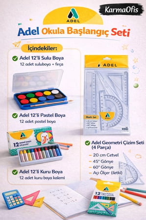 Okula Başlangıç Seti – 12’li Sulu Boya, Kuru Boya, Pastel Boya ve Geometri Çizim Seti
