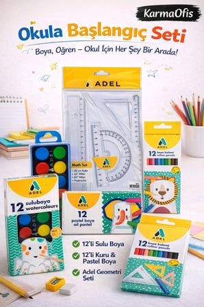 Okula Başlangıç Seti – 12’li Sulu Boya, Kuru Boya, Pastel Boya ve Geometri Çizim Seti