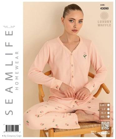 Seamlife Kadın Pamuklu Waffle Kumaş Kışlık Uzun Kollu Sıcak Tutan Pijama Takımı