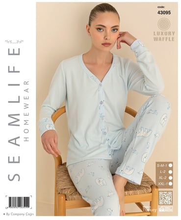 Seamlife Kadın Pamuklu Waffle Kumaş Kışlık Uzun Kollu Sıcak Tutan Pijama Takımı