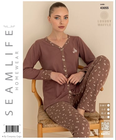 Seamlife Kadın Pamuklu Waffle Kumaş Kışlık Uzun Kollu Sıcak Tutan Pijama Takımı