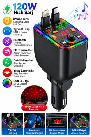 Castu T6 120W Hızlı Araç Şarj Cihazı FM Transmitter Bluetooth Araç Kit Yıldız Lazer Işıklı