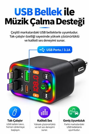 Castu T6 120W Hızlı Araç Şarj Cihazı FM Transmitter Bluetooth Araç Kit Yıldız Lazer Işıklı