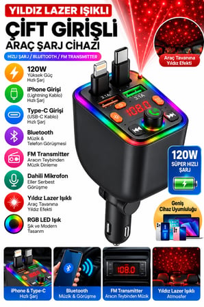 Castu T6 120W Hızlı Araç Şarj Cihazı FM Transmitter Bluetooth Araç Kit Yıldız Lazer Işıklı