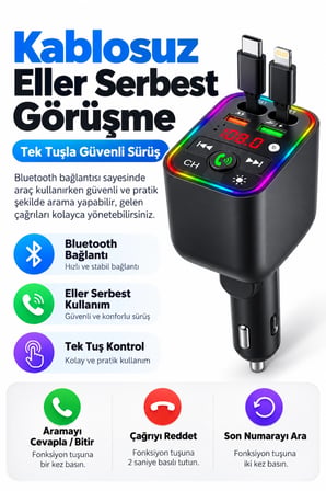 Castu T6 120W Hızlı Araç Şarj Cihazı FM Transmitter Bluetooth Araç Kit Yıldız Lazer Işıklı