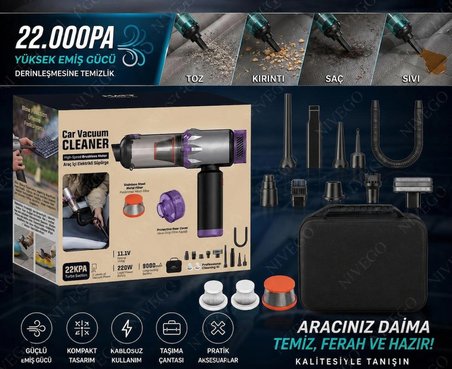 Nivego Araç ve El Süpürgesi 22.000 PA Güçlü Çekme ve üfleme 7 Parça 9000 mAh Şarjlı Ev Araç Ofis Çok Fonksiyonlu Süpürge