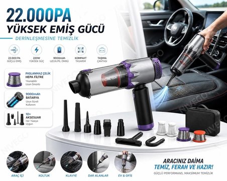 Nivego Araç ve El Süpürgesi 22.000 PA Güçlü Çekme ve üfleme 7 Parça 9000 mAh Şarjlı Ev Araç Ofis Çok Fonksiyonlu Süpürge