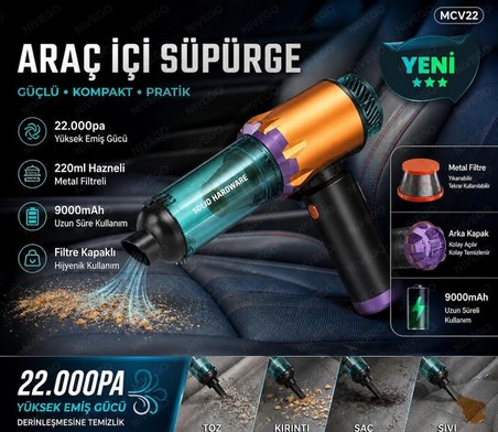 Nivego Araç ve El Süpürgesi 22.000 PA Güçlü Çekme ve üfleme 7 Parça 9000 mAh Şarjlı Ev Araç Ofis Çok Fonksiyonlu Süpürge