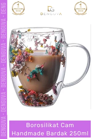 #BorosilikatBardak Çift Camlı Kurutulmuş Çiçekli Borosilikat Isıya Dayanıklı Cam Handmade Kulplu Bardak 250ml