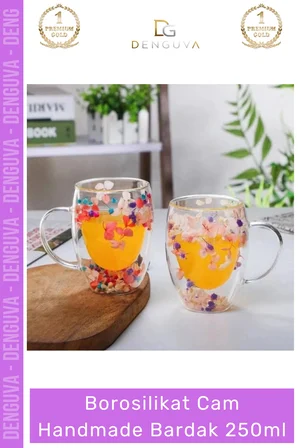 #BorosilikatBardak Çift Camlı Kurutulmuş Çiçekli Borosilikat Isıya Dayanıklı Cam Handmade Kulplu Bardak 250ml