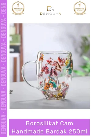 #BorosilikatBardak Çift Camlı Kurutulmuş Çiçekli Borosilikat Isıya Dayanıklı Cam Handmade Kulplu Bardak 250ml