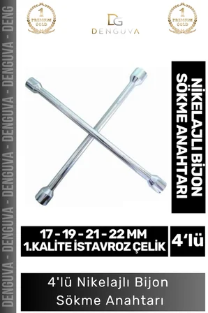 #BijonAnahtarı Istavroz Çelik 17 19 21 22 mm Dayanıklı Oto Lastik Ekipmanı 4'lü Nikelajlı Bijon Sökme Anahtarı