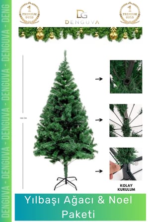 #YılbaşıAğacı Yeni Lüks Şık Dekoratif Yapay Çam Ağacı Yeşil Sık Yapraklı Noel Paketi 150 Cm 220 Dal