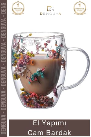 #CamBardak Organik Çiçekli Isıya Dayanıklı Borosilikat El Yapımı Estetik Cam Handmade Bardak 350ml