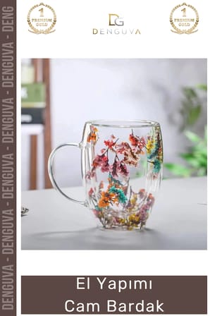 #CamBardak Organik Çiçekli Isıya Dayanıklı Borosilikat El Yapımı Estetik Cam Handmade Bardak 350ml