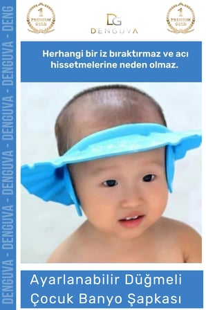 #BanyoŞapkası Fantazer Ayarlanabilir Düğmeli BPA İçermeyen Esnek Bebek Banyo Su Kaçırmayan Mavi Şapka