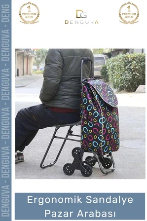 #PazarArabası Sandalyeli Katlanabilir Market Alışveriş Çantalı Metal Gövde Ergonomik Sandalye Pazar Arabası