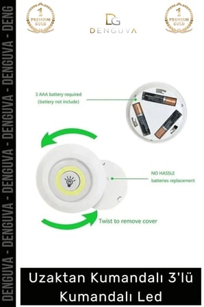 #LedSpot Uzaktan Kumandalı Yapışkanlı Pilli Kablosuz Dokunmatik Mutfak 3'Lü Led Spot 1 Adet