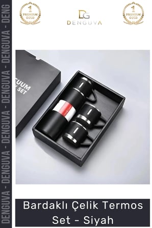 #Termos Hediyelik Mat İsı Yalıtımlı Vakumlu Paslanmaz 500Ml Bardaklı Çelik Termos Set Siyah