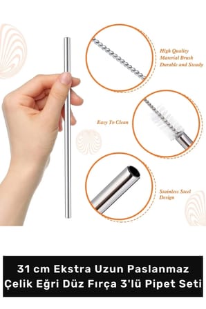 #Pipet Termos Bardak Ekolojik Paslanmaz Çelik Eğri Düz Fırça 3'lü Pipet Seti