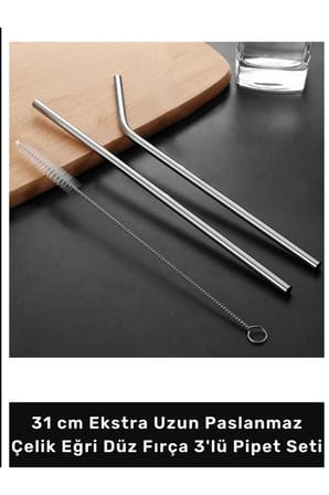 #Pipet Termos Bardak Ekolojik Paslanmaz Çelik Eğri Düz Fırça 3'lü Pipet Seti