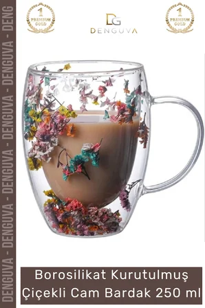 #Bardak Çift Camlı Orijinal Kurutulmuş Çiçekli Estetik Dekoratif Şık Tasarım Handmade Bardak 250 ml
