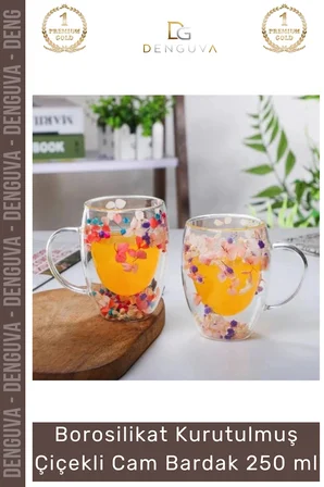 #Bardak Çift Camlı Orijinal Kurutulmuş Çiçekli Estetik Dekoratif Şık Tasarım Handmade Bardak 250 ml