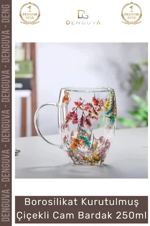 #Bardak Çift Camlı Orijinal Kurutulmuş Çiçekli Estetik Dekoratif Şık Tasarım Handmade Bardak 250 ml