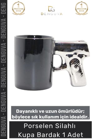 #KupaBardak Hediyelik Porselen Mat Siyah Tasarım Tabancalı Kulp Ofis Ev Aksesuarı Silahlı Kupa Bardak