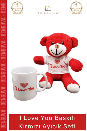 #AyıcıkSeti I Love You Baskılı Tişörtlü Peluş Hediye Kırmızı Ayıcık Porselen Kupa Bardak Seti