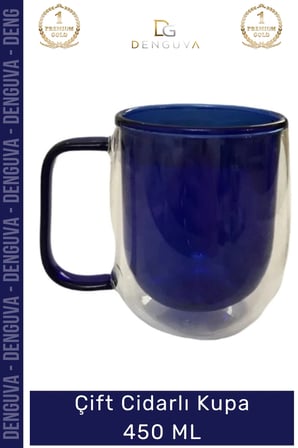 #CamKupa Isı Yalıtımlı Modern Tasarım 450 ml Kapasite Kaliteli Çift Cidarlı Cam Kupa Lacivert