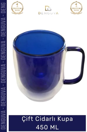 #CamKupa Isı Yalıtımlı Modern Tasarım 450 ml Kapasite Kaliteli Çift Cidarlı Cam Kupa Lacivert