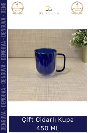 #CamKupa Isı Yalıtımlı Modern Tasarım 450 ml Kapasite Kaliteli Çift Cidarlı Cam Kupa Lacivert