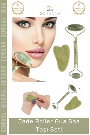 #YeşimTaşı Doğal Yeşim Taşı Yüz Sıkılaştırıcı Masaj Aleti Anti Aging Jade Roller Gua Sha Taşı Seti