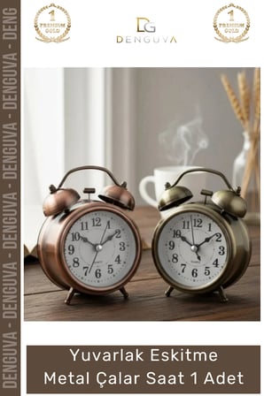 #Saat Nostaljik Retro Dekoratif Vintage Masa Saati Sessiz Yuvarlak Eskitme Metal Çalar Saat