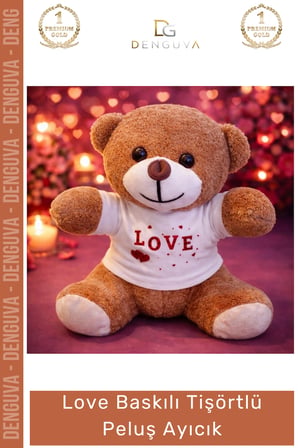 #Peluş 25 cm Love Baskılı Yumuşak Kaliteli Hediyelik Şık Sevimli Tişörtlü Kahverengi Peluş Ayıcık