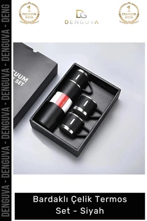 #termos vakumlu isı yalıtımlı paslanmaz 500 ml mat hediyelik bardaklı çelik termos set siyah