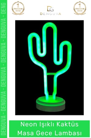 #lamba neon işıklı led dekoratif yeşil tasarım modern ev ofis hediye kaktüs masa gece lambası