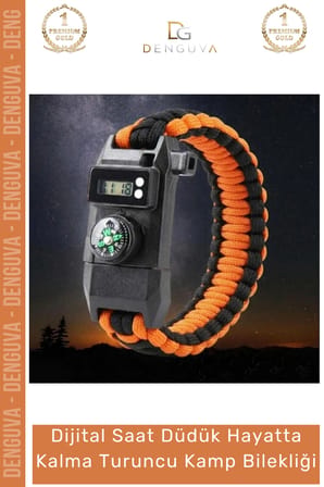 #Bileklik Paracord Dijital Saatli SOS LED Pusula Magnezyum Hayatta Kalma Turuncu Kamp Bilekliği