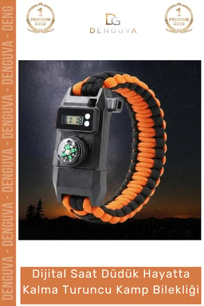 #Bileklik Paracord Dijital Saatli SOS LED Pusula Magnezyum Hayatta Kalma Turuncu Kamp Bilekliği