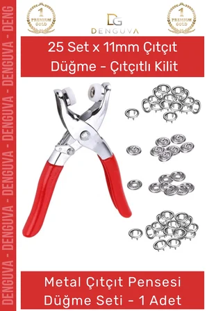#ÇıtçıtPensesi 11 mm Metal Perçin Dikiş Nakış El İşleri Hobi Tekstil Çıtçıt Pensesi 25 Düğme Seti
