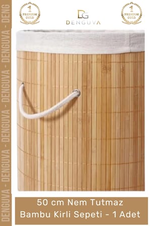 #kirlisepeti decohandy yuvarlak doğal hijyenik çamaşır kutusu banyo şık tasarım bambu kirli sepeti - 1 adet